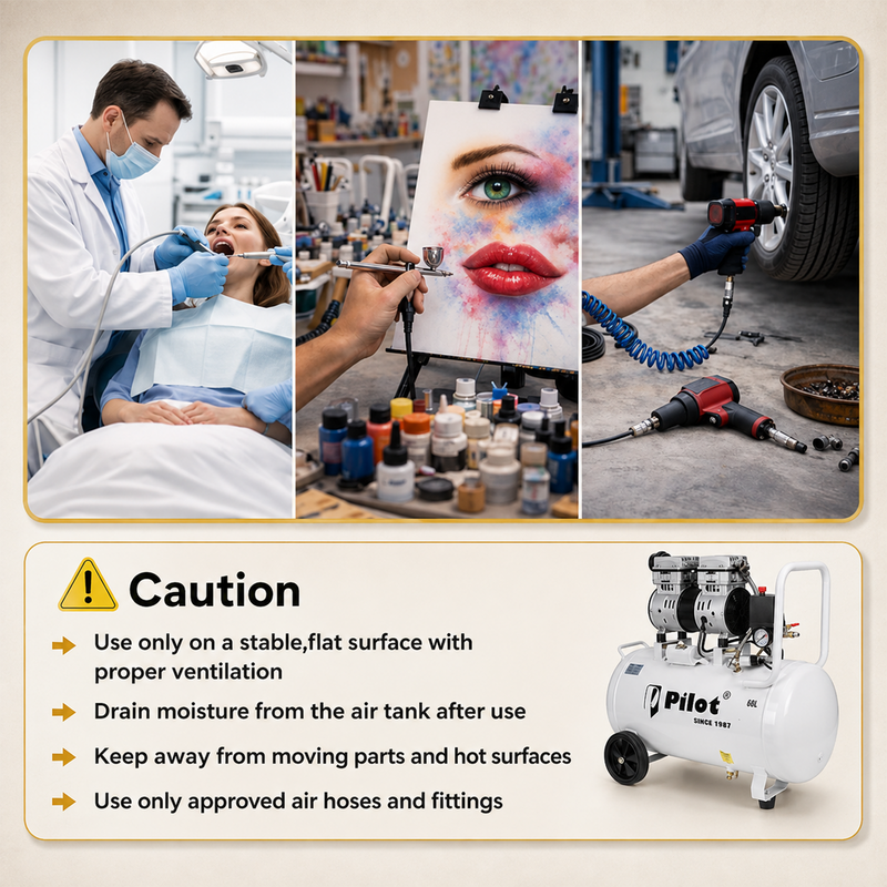 Pilot Oil-Free Silent Air Compressor 60L Tank, 750W Motor, 70L/min Air Flow, 8 Bar/115 PSI, Low Noise Air Compressor for Dental Clinics, Laboratories, Painting, Workshop & Home Use