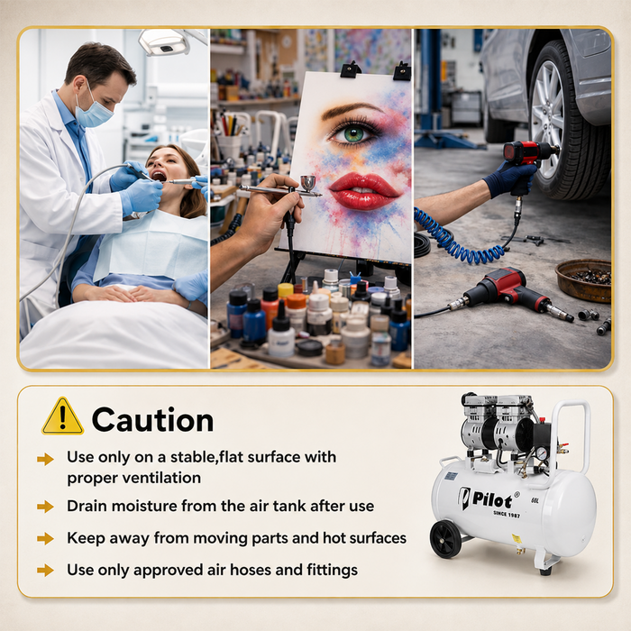 Pilot Oil-Free Silent Air Compressor 60L Tank, 750W Motor, 70L/min Air Flow, 8 Bar/115 PSI, Low Noise Air Compressor for Dental Clinics, Laboratories, Painting, Workshop & Home Use