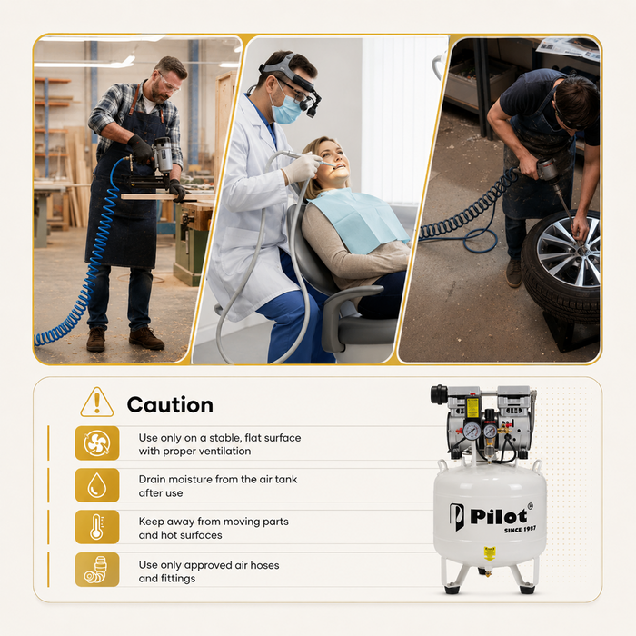 Pilot Tools Oil-Free Silent Air Compressor 40L Round 750W Copper | PL-OF40C