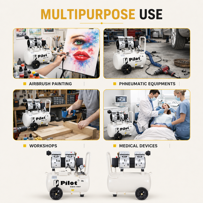 Pilot Tools Oil-Free Silent Air Compressor 30L 550W | Ultra Quiet Portable Air Compressor | 50 L/min Air Displacement | 8 Bar (115 PSI) Max Pressure | 1440 RPM | 220V for Dental, Medical, Airbrushing & DIY Applications |  PL-OF30