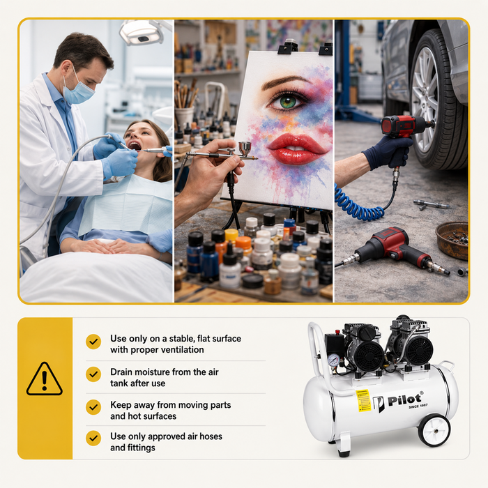 Pilot  Oil-Free Silent Air Compressor 60L Tank, 1100W Motor, 100L/min Air Flow, 8 Bar/115 PSI, Low Noise Air Compressor for Dental Clinics, Laboratories, Workshops, Airbrushing & Home Use