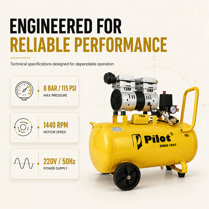 PILOT 60L Oil-Free Silent Air Compressor 750W Copper Motor | 8 Bar Pressure | Low Noise Air Compressor for Medical, Workshop & Home Use