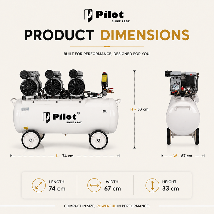 Pilot Oil-Free Silent Air Compressor 80L Tank, 2250W Motor, 150L/min Air Flow, 8 Bar/115 PSI, Low Noise Air Compressor for Dental Clinics, Medical Labs, Workshops, Automotive & Home Use