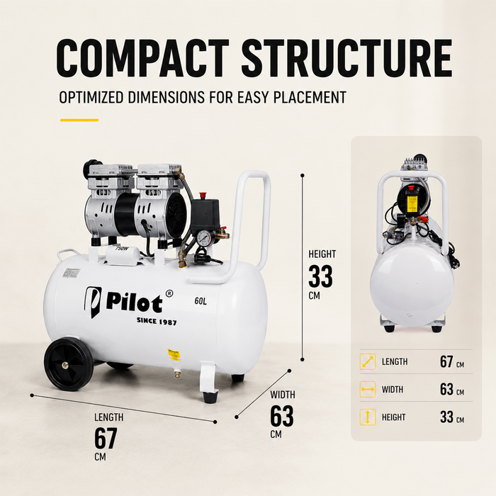 Pilot Oil-Free Silent Air Compressor 60L Tank, 750W Motor, 70L/min Air Flow, 8 Bar/115 PSI, Low Noise Air Compressor for Dental Clinics, Laboratories, Painting, Workshop & Home Use