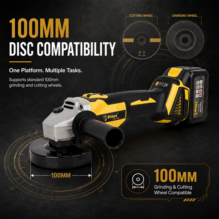 Pilot 21V Cordless Angle Grinder 100MM | 21V Brushless Motor | 11000 RPM | 4.0Ah Battery | Electric Grinder for Cutting & Grinding Metal