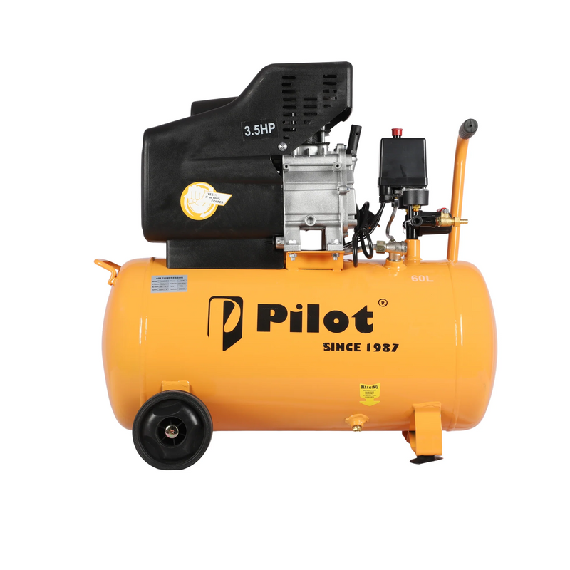 Pilot Tools 3.5HP Direct Driven Air Compressor with 60L Tank | Copper Motor | 256 L/min Air Displacement | 8 Bar (115 PSI) Max Pressure | 2850 RPM
