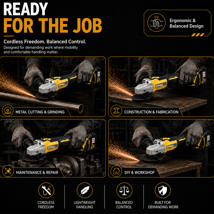Pilot 21V Cordless Angle Grinder 100MM | 21V Brushless Motor | 11000 RPM | 4.0Ah Battery | Electric Grinder for Cutting & Grinding Metal