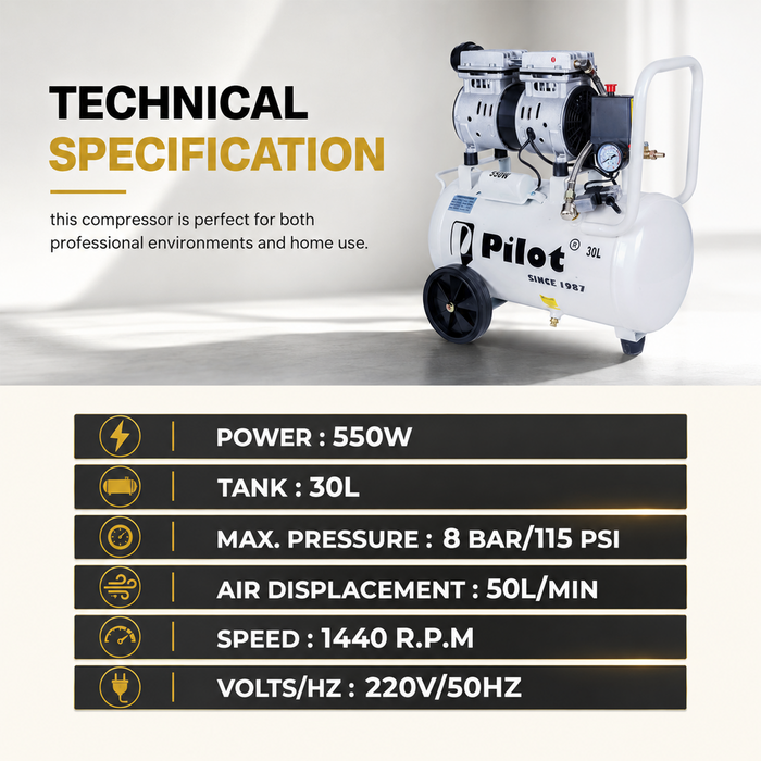 Pilot Tools Oil-Free Silent Air Compressor 30L 550W | Ultra Quiet Portable Air Compressor | 50 L/min Air Displacement | 8 Bar (115 PSI) Max Pressure | 1440 RPM | 220V for Dental, Medical, Airbrushing & DIY Applications |  PL-OF30