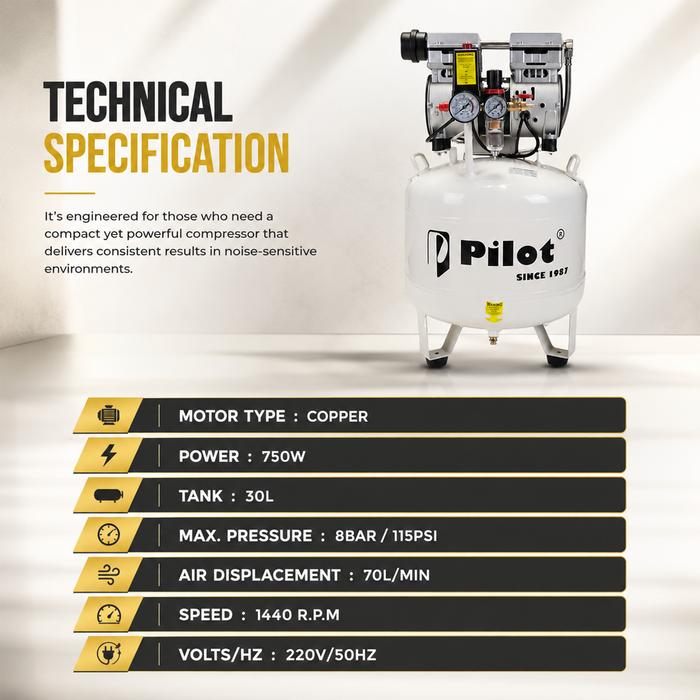 Pilot Tools Oil-Free Silent Air Compressor 40L Round 750W Copper | PL-OF40C
