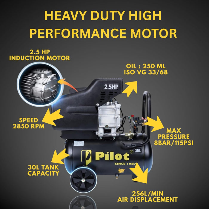 Pilot 2.5HP 30L Direct Driven Air Compressor for Tyre Inflation, Spray Painting, Car Washing & Workshop Use | 8 Bar Portable Air Compressor
