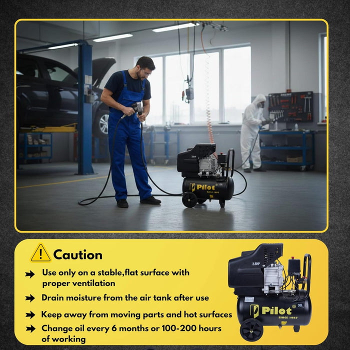 Pilot 2.5HP 30L Direct Driven Air Compressor for Tyre Inflation, Spray Painting, Car Washing & Workshop Use | 8 Bar Portable Air Compressor