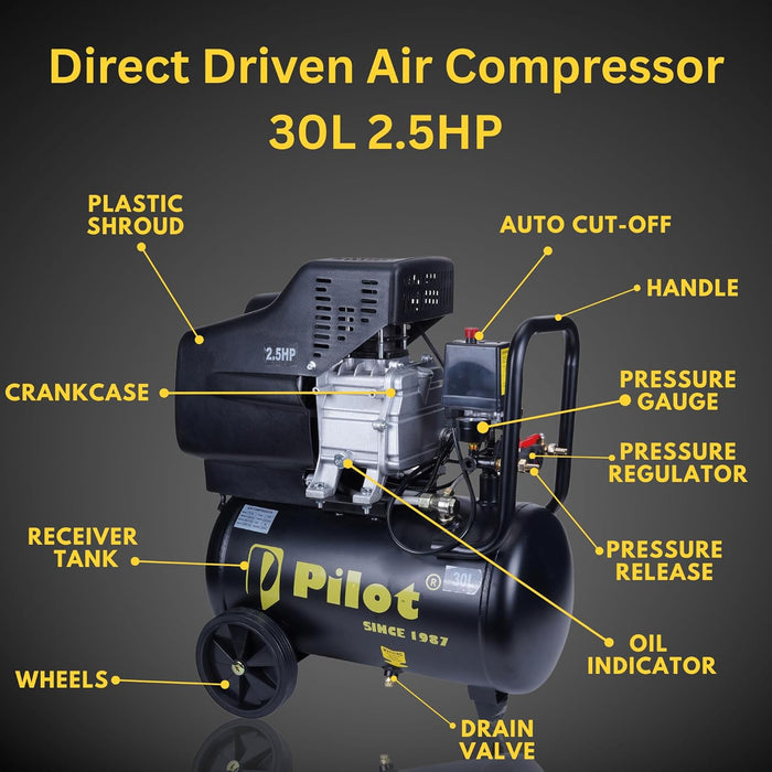 Pilot 2.5HP 30L Direct Driven Air Compressor for Tyre Inflation, Spray Painting, Car Washing & Workshop Use | 8 Bar Portable Air Compressor