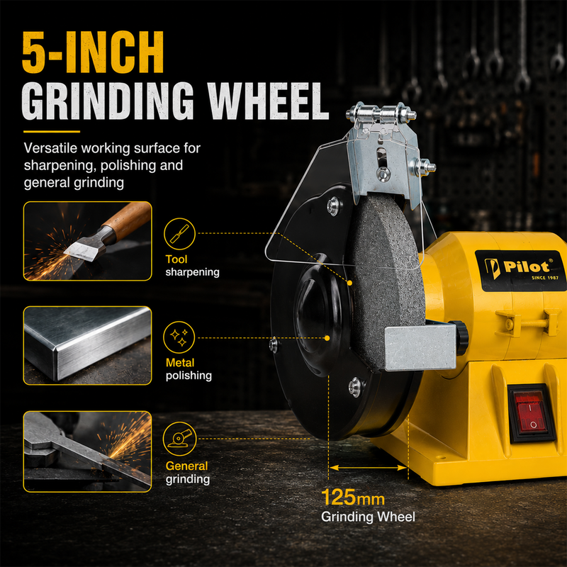Pilot Bench Grinder 5 Inch (125mm) 200W Electric Grinding Machine | 2950 RPM Heavy Duty Bench Grinder for Tool Sharpening, Metal Grinding, Rust Removal, Polishing & Workshop Use