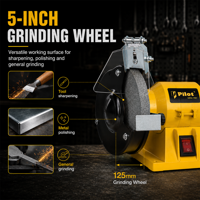 Pilot Bench Grinder 5 Inch (125mm) 200W Electric Grinding Machine | 2950 RPM Heavy Duty Bench Grinder for Tool Sharpening, Metal Grinding, Rust Removal, Polishing & Workshop Use