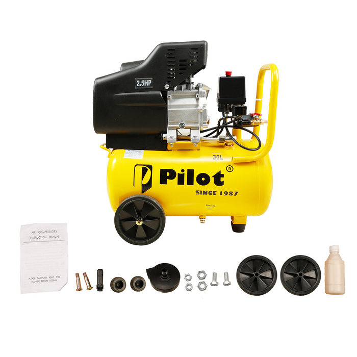 Pilot 2.5HP 30L Direct Driven Air Compressor for Tyre Inflation, Spray Painting, Car Washing & Workshop Use | 8 Bar Portable Air Compressor