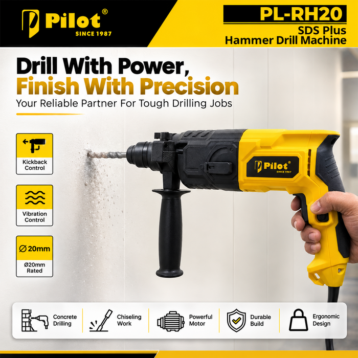 Pilot Rotary Hammer Drill 20MM 750W | SDS Plus Hammer Drill Machine | Concrete, Brick & Masonry Drilling, Chiseling & Demolition Tool for Construction & Renovation Work