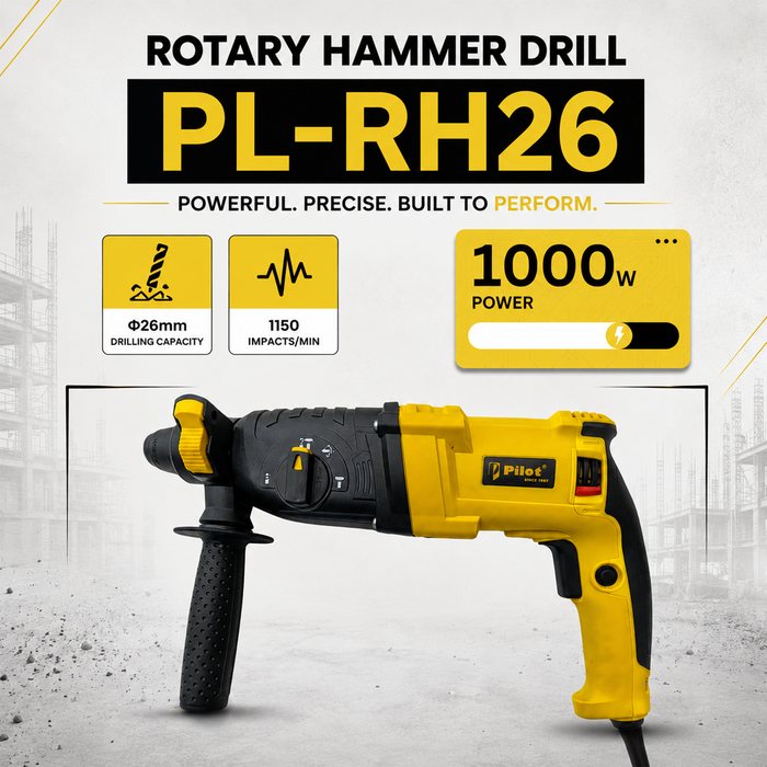 Pilot Rotary Hammer Drill 26MM 1000W | SDS Plus Hammer Drill Machine | Concrete, Brick, Stone & Masonry Drilling, Chiseling & Demolition Tool for Construction, Industrial & DIY Applications