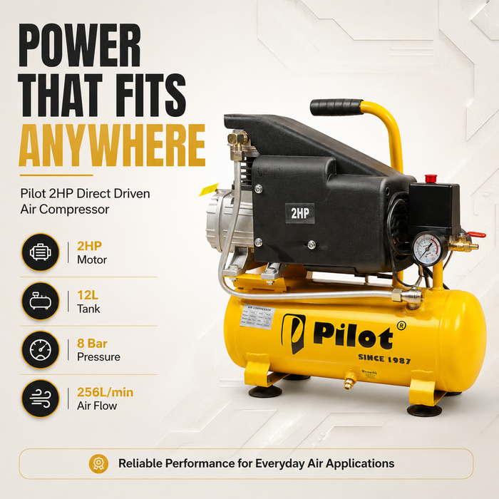 Pilot 2HP Direct Driven Air Compressor 12L, 256L/min, 8 Bar, 2850 RPM – Portable Air Compressor for Car Washing, Tyre Inflation, Spray Painting & Garage Use