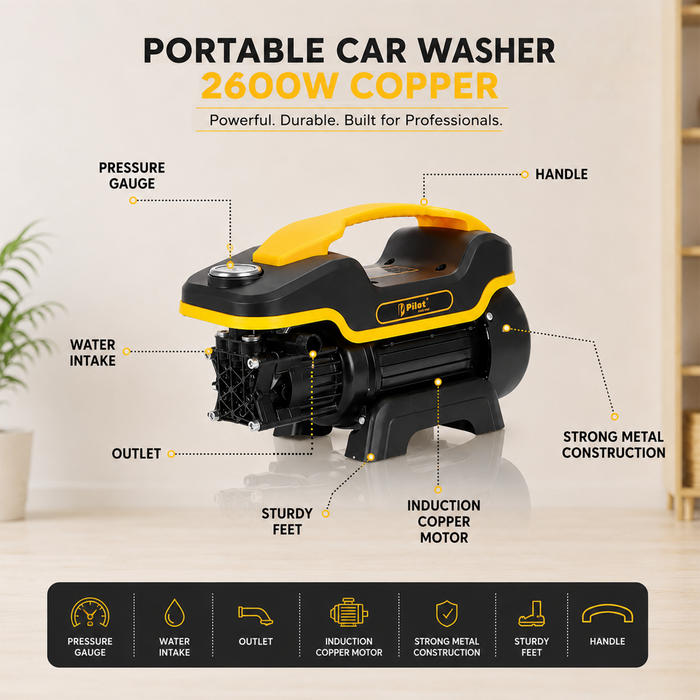 Pilot High Pressure Washer 2600W Copper Motor | 160 Bar Car & Bike Washer | Water Pressure Pump for Car Washing | Portable Power Cleaning Machine | 10L/min Flow for Home & Garden (PWC-04)