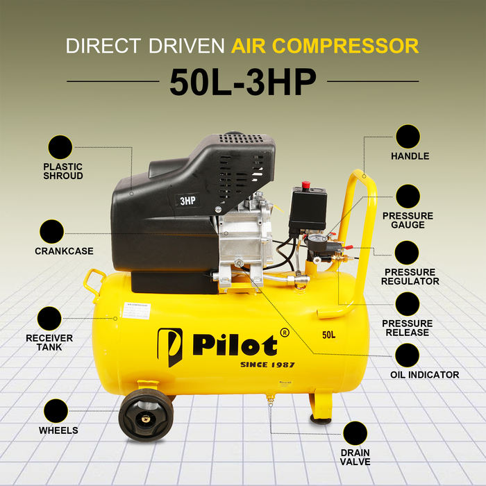 Pilot 3HP Direct Driven Air Compressor 50L Tank, 256L/min Air Displacement, 8 Bar/115 PSI, Heavy Duty Air Compressor for Automotive, Construction, Carpentry, Workshop & Industrial Use