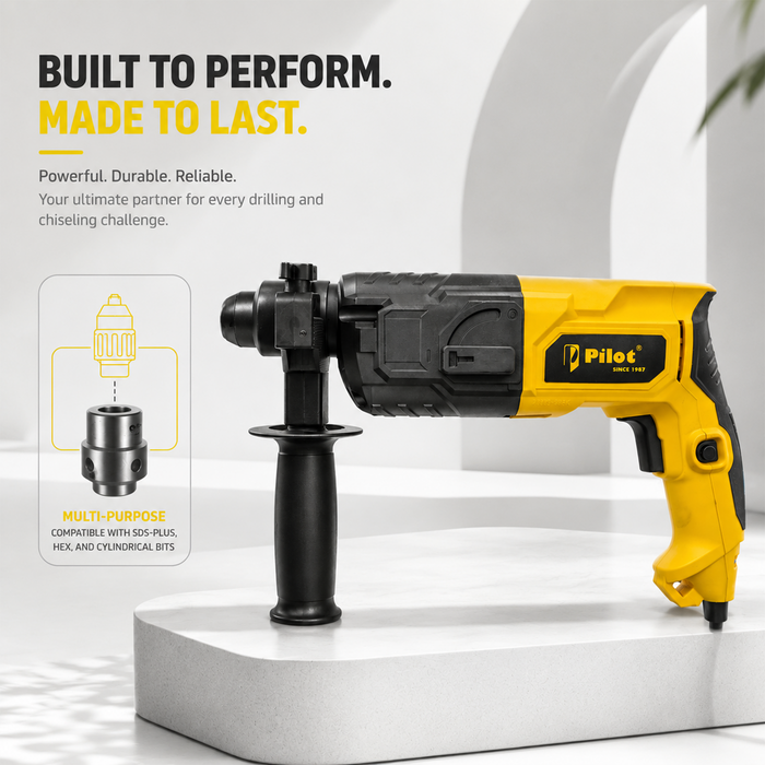 Pilot Rotary Hammer Drill 20MM 750W | SDS Plus Hammer Drill Machine | Concrete, Brick & Masonry Drilling, Chiseling & Demolition Tool for Construction & Renovation Work