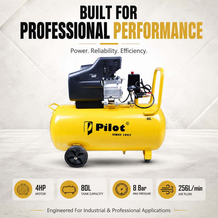 Pilot 4HP Direct Drive Air Compressor 80L, 256L/min Air Flow, 8 Bar/115 PSI, High Performance Compressor for Pneumatic Tools, Industrial & Workshop Applications