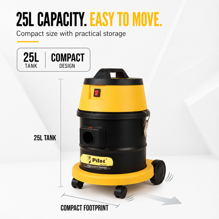 Pilot 25L Wet & Dry Vacuum Cleaner for Home & Commercial Use | 1200W Copper Motor | High Suction 2000mm H₂O | Compact & Portable |  High Strength Stainless Steel Body