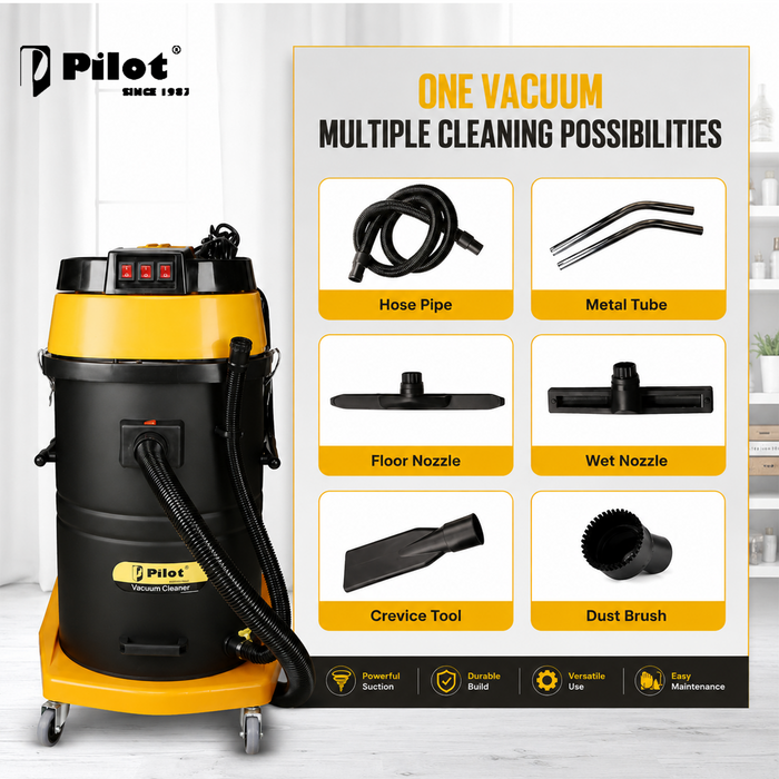 Pilot 100L Wet and Dry Vacuum Cleaner | 4500W Triple Copper Motor | Stainless Steel Body | Heavy Duty Industrial Vacuum | High Suction for Factory, Garage & Commercial Use