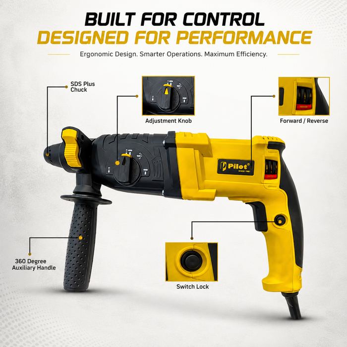 Pilot Rotary Hammer Drill 26MM 1000W | SDS Plus Hammer Drill Machine | Concrete, Brick, Stone & Masonry Drilling, Chiseling & Demolition Tool for Construction, Industrial & DIY Applications