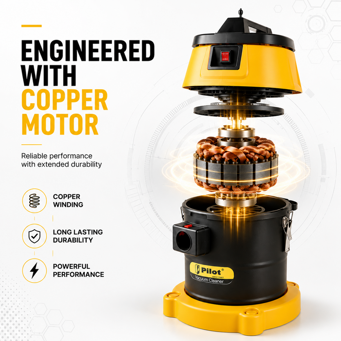 Pilot 35L Wet and Dry Vacuum Cleaner | 1500W Single Copper Motor | Stainless Steel Body | High Suction Heavy Duty Industrial Vacuum | Ideal for Home, Car, Garage & Workshop Use
