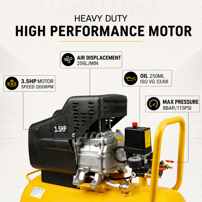 Pilot Tools Direct Driven Air Compressor 60L 3.5HP | 256 L/min Air Delivery | 8 Bar/115 PSI | 2850 RPM | Portable Air Compressor for Car Garage, Spray Painting, Pneumatic Tools & DIY Workshop
