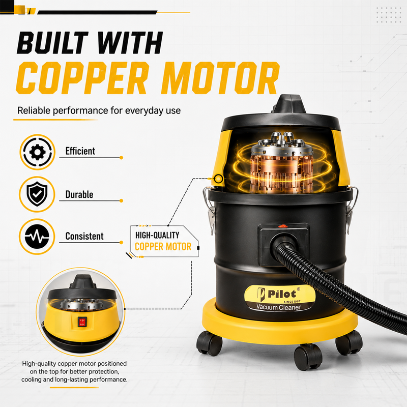 Pilot 25L Wet & Dry Vacuum Cleaner for Home & Commercial Use | 1200W Copper Motor | High Suction 2000mm H₂O | Compact & Portable |  High Strength Stainless Steel Body