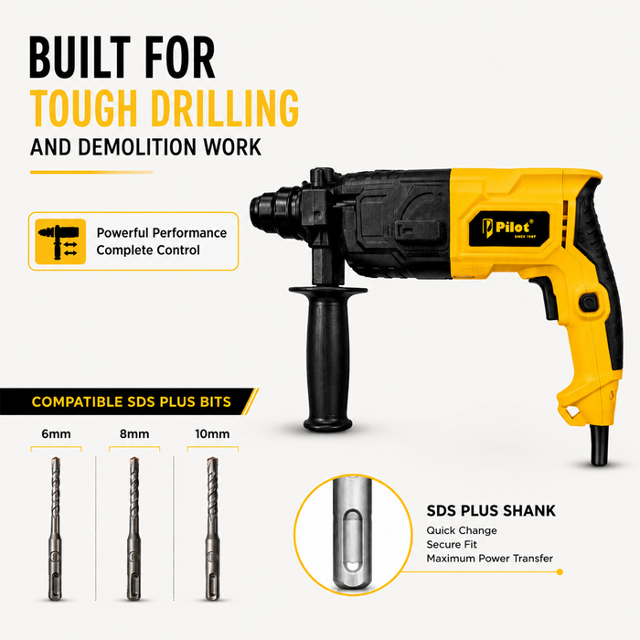Pilot Rotary Hammer Drill 20MM 750W | SDS Plus Hammer Drill Machine | Concrete, Brick & Masonry Drilling, Chiseling & Demolition Tool for Construction & Renovation Work