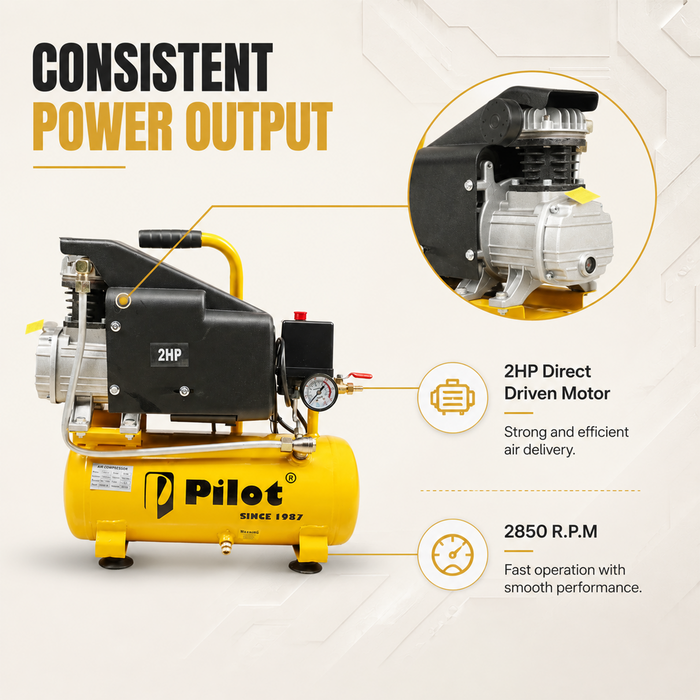 Pilot 2HP Direct Driven Air Compressor 12L, 256L/min, 8 Bar, 2850 RPM – Portable Air Compressor for Car Washing, Tyre Inflation, Spray Painting & Garage Use