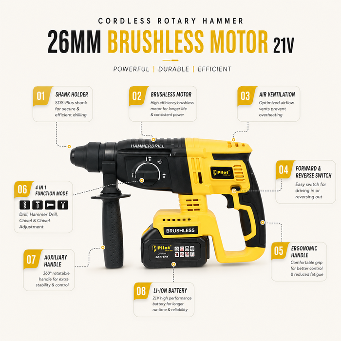 Pilot 21V Cordless Rotary Hammer Drill | Brushless Copper Motor, 3.0Ah Battery, SDS Plus Chuck 26MM, 3.0J Impact Energy, 0-2800 RPM | Heavy Duty Concrete Drilling Machine