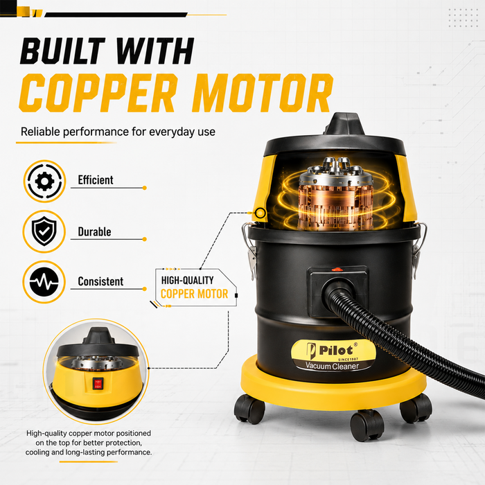Pilot 25L Wet & Dry Vacuum Cleaner for Home & Commercial Use | 1200W Copper Motor | High Suction 2000mm H₂O | Compact & Portable |  High Strength Stainless Steel Body