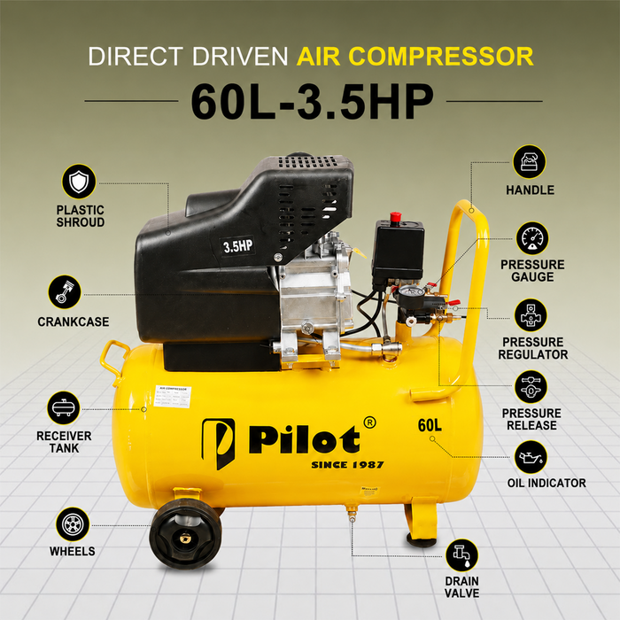Pilot Tools Direct Driven Air Compressor 60L 3.5HP | 256 L/min Air Delivery | 8 Bar/115 PSI | 2850 RPM | Portable Air Compressor for Car Garage, Spray Painting, Pneumatic Tools & DIY Workshop