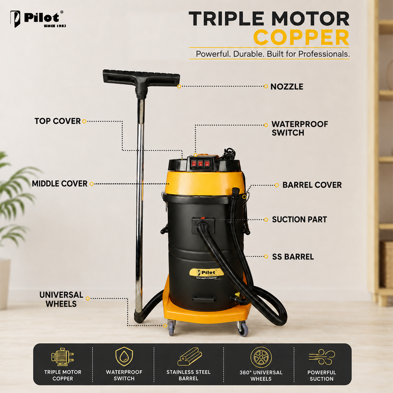 Pilot 100L Wet and Dry Vacuum Cleaner | 4500W Triple Copper Motor | Stainless Steel Body | Heavy Duty Industrial Vacuum | High Suction for Factory, Garage & Commercial Use