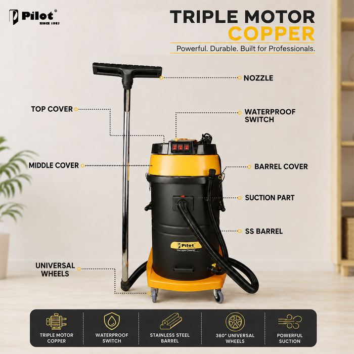 Pilot 100L Wet and Dry Vacuum Cleaner | 4500W Triple Copper Motor | Stainless Steel Body | Heavy Duty Industrial Vacuum | High Suction for Factory, Garage & Commercial Use