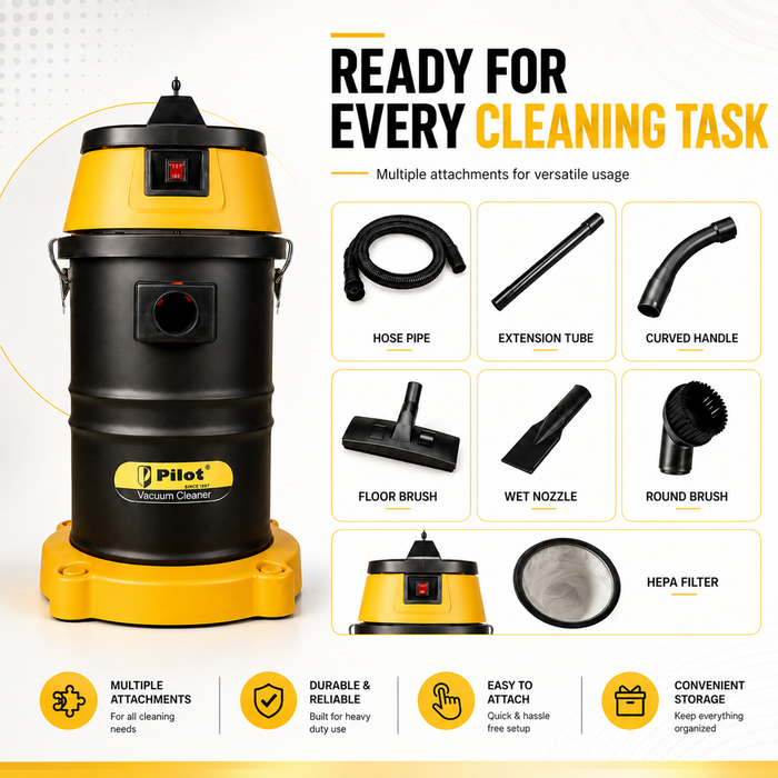 Pilot 45L Wet and Dry Vacuum Cleaner | 1500W Copper Motor (Single) | Stainless Steel Body | High Suction Heavy Duty Industrial Vacuum | Ideal for Home, Car, Garage & Workshop Use