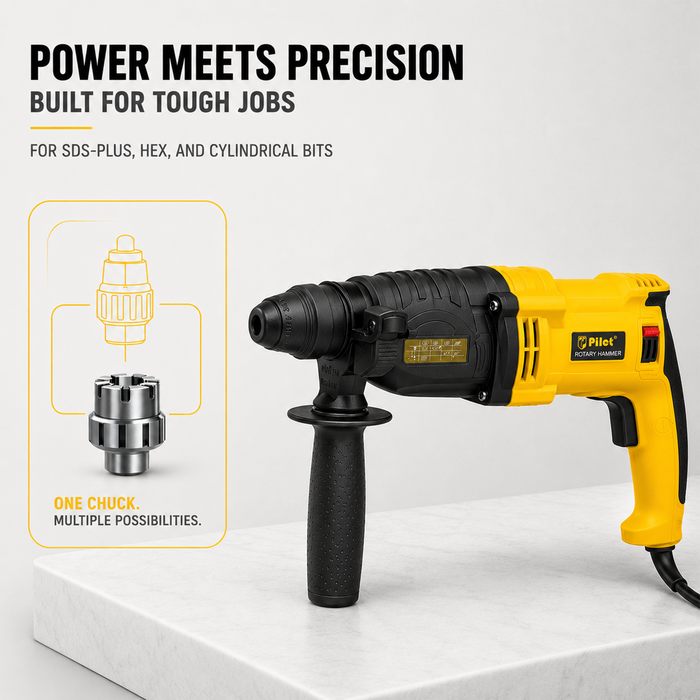 Pilot Rotary Hammer Drill 26MM 1000W | SDS Plus Hammer Drill Machine | Concrete, Brick, Stone & Masonry Drilling, Chiseling & Demolition Tool for Construction, Industrial & DIY Applications