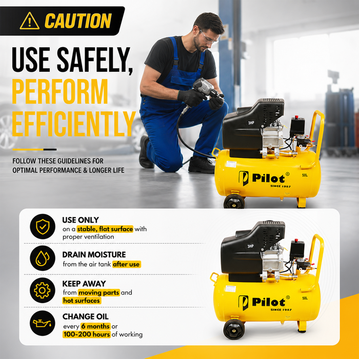 Pilot 3HP Direct Driven Air Compressor 50L Tank, 256L/min Air Displacement, 8 Bar/115 PSI, Heavy Duty Air Compressor for Automotive, Construction, Carpentry, Workshop & Industrial Use