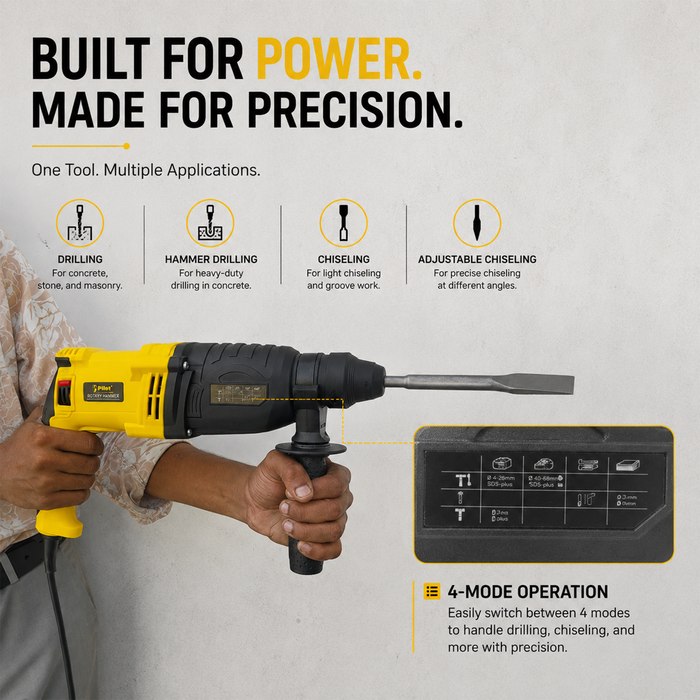 Pilot Rotary Hammer Drill 26MM 1000W | SDS Plus Hammer Drill Machine | Concrete, Brick, Stone & Masonry Drilling, Chiseling & Demolition Tool for Construction, Industrial & DIY Applications