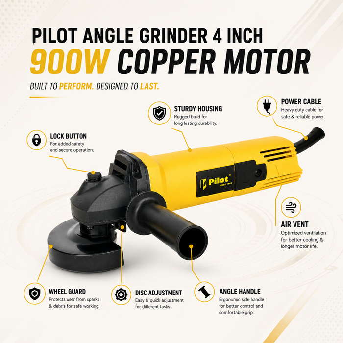 Pilot Angle Grinder 4 Inch 900W Copper Motor | 100MM Disc | 11000 RPM High-Speed Grinder | Heavy Duty Electric Cutting, Grinding & Polishing Machine for Metal, Steel & Construction Work