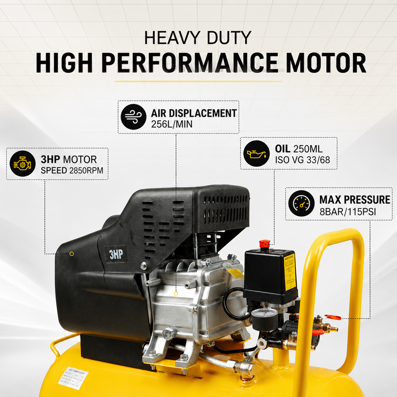 Pilot 3HP Direct Driven Air Compressor 50L Tank, 256L/min Air Displacement, 8 Bar/115 PSI, Heavy Duty Air Compressor for Automotive, Construction, Carpentry, Workshop & Industrial Use