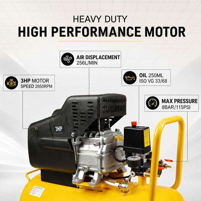 Pilot 3HP Direct Driven Air Compressor 50L Tank, 256L/min Air Displacement, 8 Bar/115 PSI, Heavy Duty Air Compressor for Automotive, Construction, Carpentry, Workshop & Industrial Use