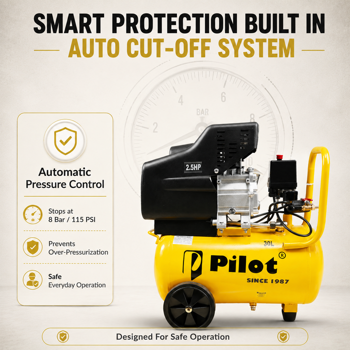 Pilot 2.5HP 30L Direct Driven Air Compressor for Tyre Inflation, Spray Painting, Car Washing & Workshop Use | 8 Bar Portable Air Compressor