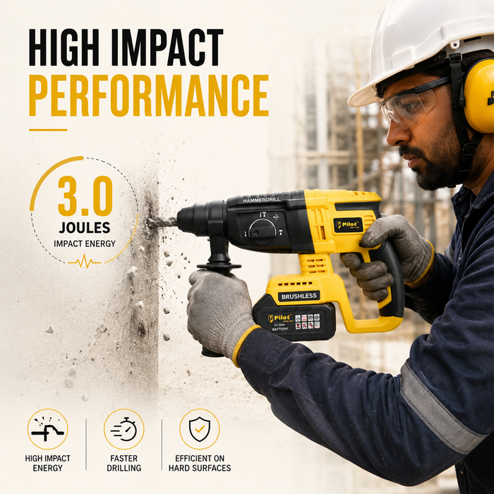 Pilot 21V Cordless Rotary Hammer Drill | Brushless Copper Motor, 3.0Ah Battery, SDS Plus Chuck 26MM, 3.0J Impact Energy, 0-2800 RPM | Heavy Duty Concrete Drilling Machine