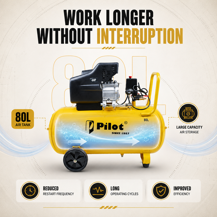 Pilot 4HP Direct Drive Air Compressor 80L, 256L/min Air Flow, 8 Bar/115 PSI, High Performance Compressor for Pneumatic Tools, Industrial & Workshop Applications