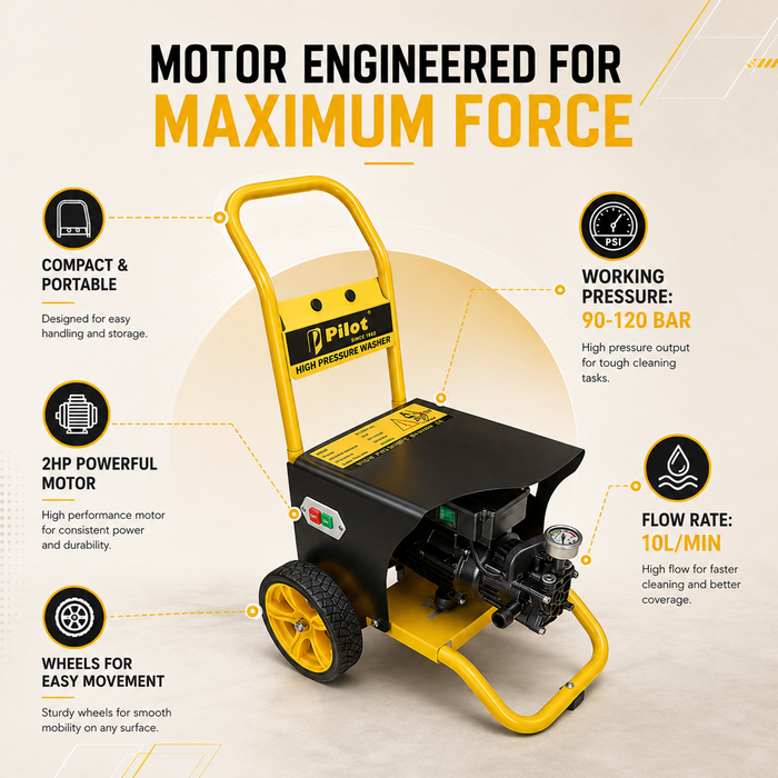 Pilot High Pressure Washer 2HP Car Washer Machine, Car Pressure Washer, 90-120 Bar Electric Water Pressure Washer, 10L/min Power Cleaner for Car, Bike, Patio, Garden & Home Cleaning